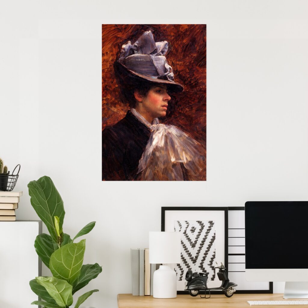 Poster featuring “Esther Kenworthy” by John William Waterhouse, shown in a home office mockup on a white wall above a desk with a plant, books, framed art, and a computer.