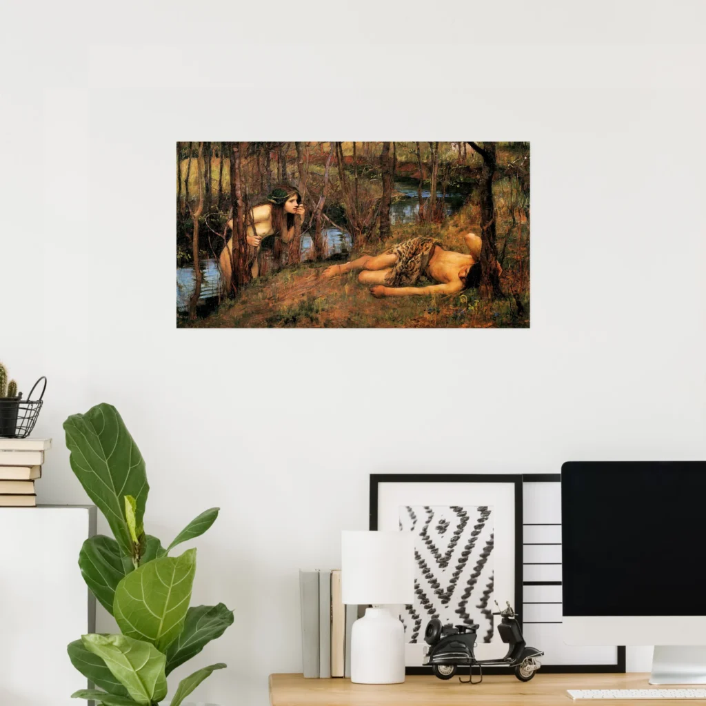 Home office wall poster featuring The Naiad by John William Waterhouse, depicting a quiet forest stream where a reclining water nymph rests on the bank while another figure peers through the trees.