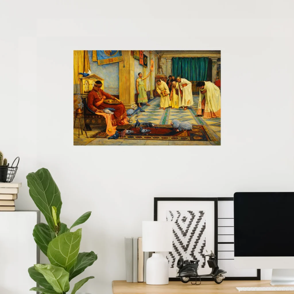 Poster of “The Favourites of Emperor Honorius” by John William Waterhouse, showing Emperor Honorius seated in a Roman palace as attendants bow and feed pigeons on a richly patterned floor.