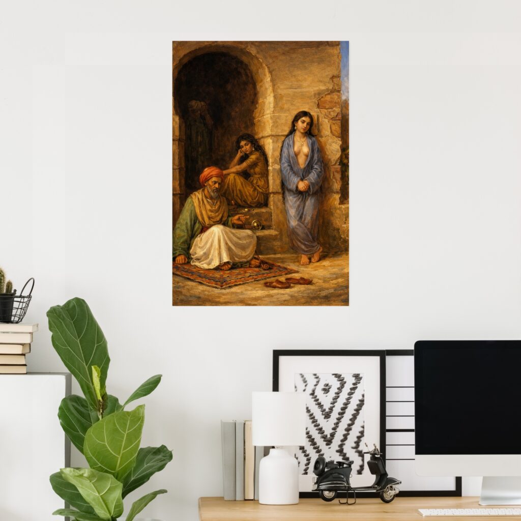Poster mockup of “The Slave” by John William Waterhouse displayed on a white wall in a modern home office, above a desk with a plant, books, framed art, a lamp, and a computer.