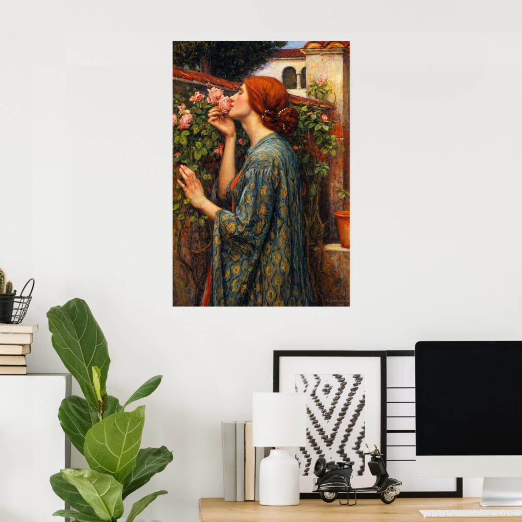 John William Waterhouse “The Soul of the Rose” poster print, Pre-Raphaelite painting of a red-haired woman smelling pink roses in a sunlit garden courtyard.