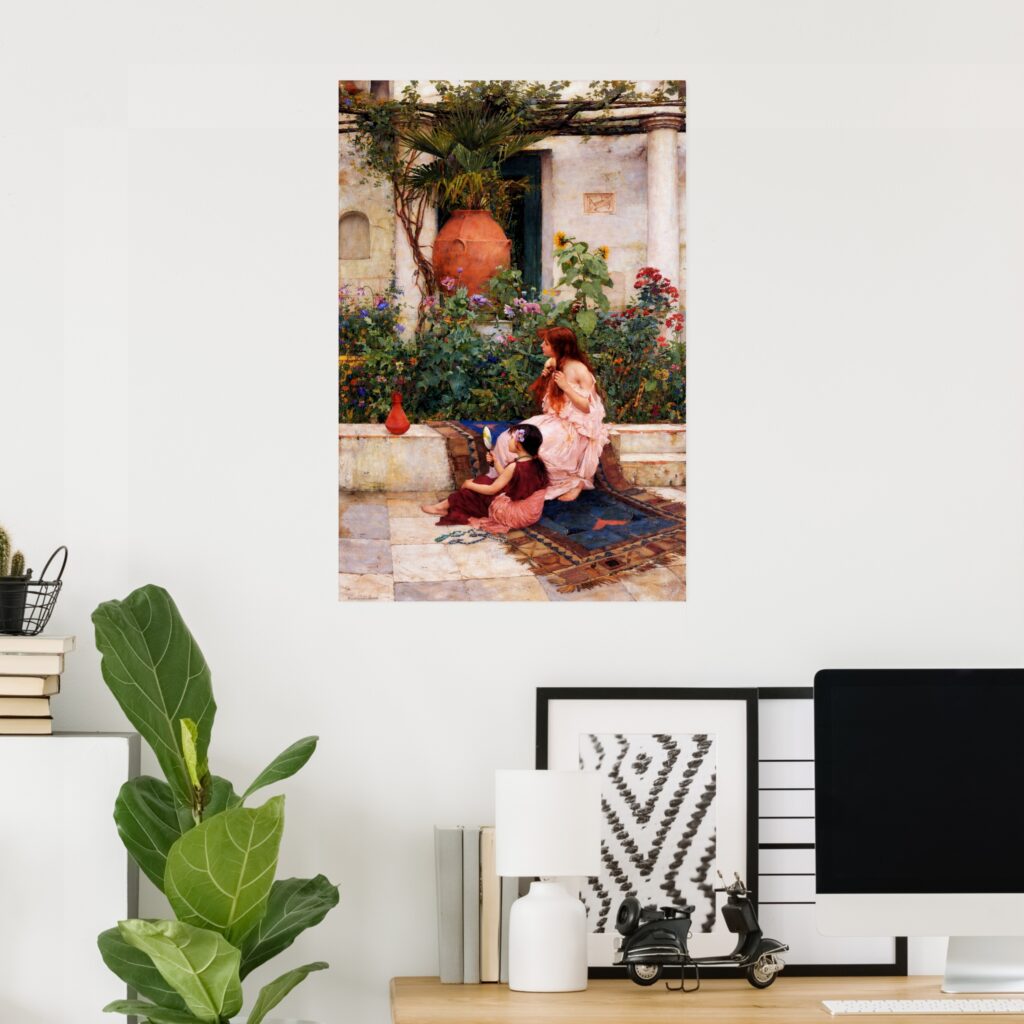 Poster of “The Toilet” by John William Waterhouse, showing two women seated on patterned rugs in a sunlit courtyard garden with flowers, a large terracotta urn, and a white columned wall behind them.