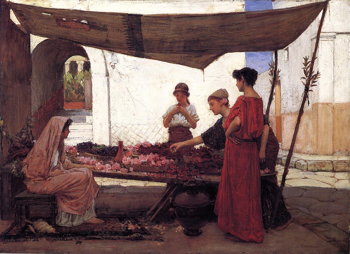 John William Waterhouse, A Flower Stall (1880), showing women selecting pink flowers at a shaded market table in a sunlit courtyard with white walls and a dark canopy overhead.