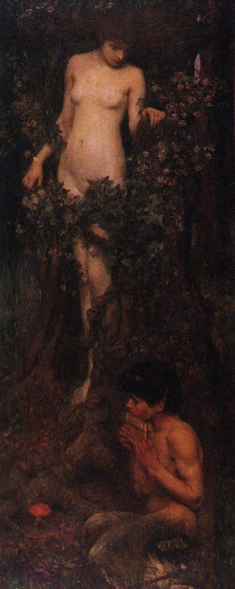 John William Waterhouse, A Hamadryad (1893), a vertical forest scene with a pale tree nymph emerging from ivy and shadow above a seated young musician playing pipes near the woodland floor.