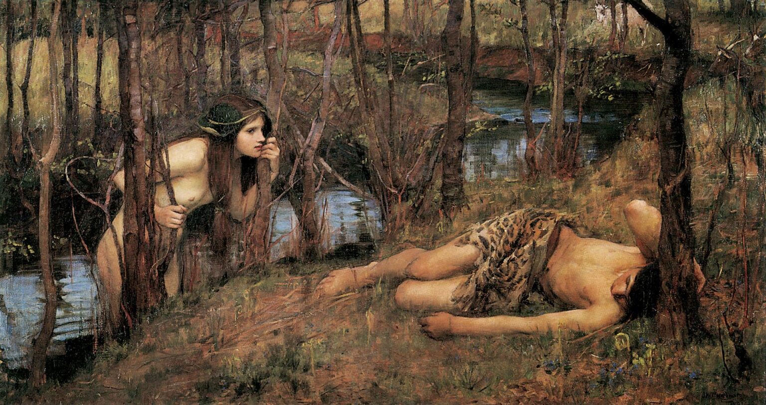 John William Waterhouse’s 1893 painting “The Naiad,” showing a water nymph in reeds leaning toward a sleeping figure on a marshy woodland bank, with dark trees and reflective water behind.