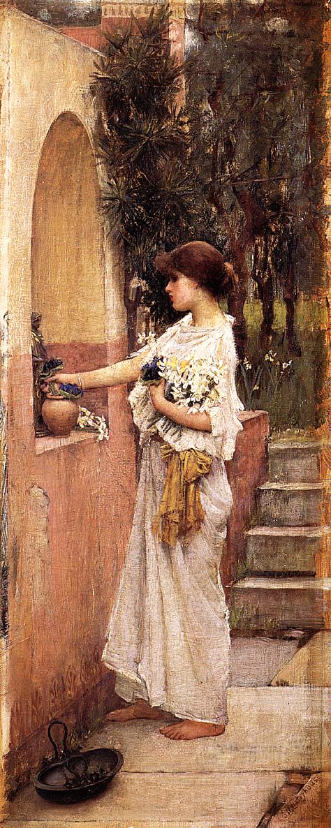 John William Waterhouse’s “A Roman Offering” (1891), showing a barefoot woman in a white draped garment placing flowers at a small Roman wall shrine in a warm terracotta courtyard with steps and dark greenery behind.