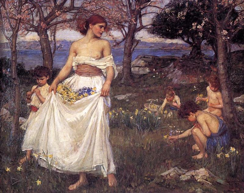 John William Waterhouse’s “A Song of Springtime” (1913) showing a young woman in a white dress holding gathered flowers while children pick blossoms in a spring landscape beside calm water and bare-branched trees.
