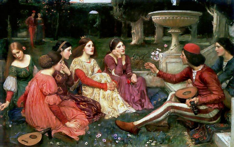 John William Waterhouse, A Tale from the Decameron (1916), a troubadour in red tells a story with a lute to a semicircle of richly dressed women seated on grass beside a stone fountain in a shaded garden.