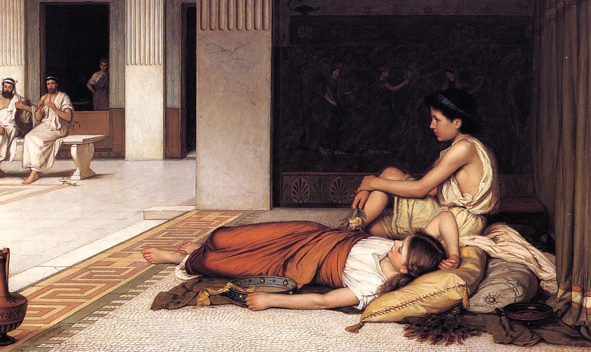 After the Dance (1876) by John William Waterhouse, a tired woman reclines on cushions in a classical interior while an attendant sits nearby and musicians rest in the distance across a marble floor.