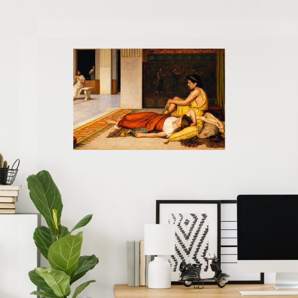 Poster of “After the Dance” by John William Waterhouse, showing two women resting on cushions in a classical interior with patterned flooring and distant figures in the background.