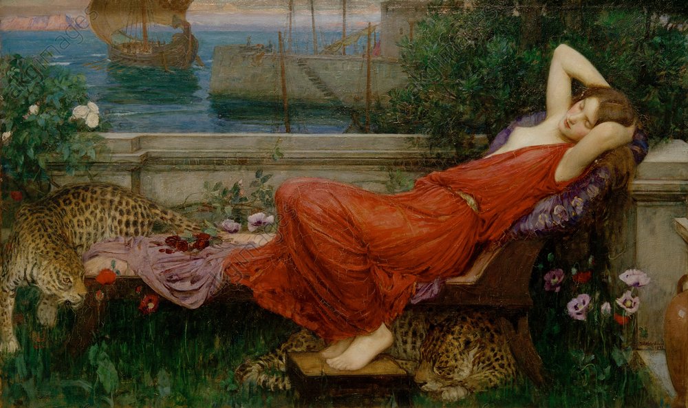 Waterhouse’s 1898 painting “Ariadne” showing a sleeping woman in a red dress reclining on a terrace by the sea, with a departing ship in the distance and two leopards resting nearby among flowers and draped cloth.