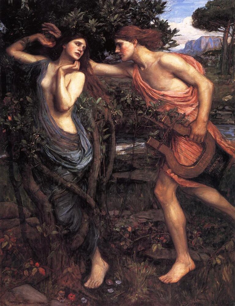 John William Waterhouse, Apollo and Daphne (1908), painting of Apollo reaching toward a recoiling Daphne beside dense foliage, with Apollo holding a lyre and a distant sky and landscape behind them.