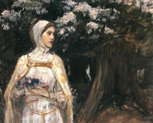 John William Waterhouse, Beatrice (1915), a softly painted portrait of a veiled young woman in a pale medieval-style dress, looking left beneath white blossoms against a dark, shadowy garden background.