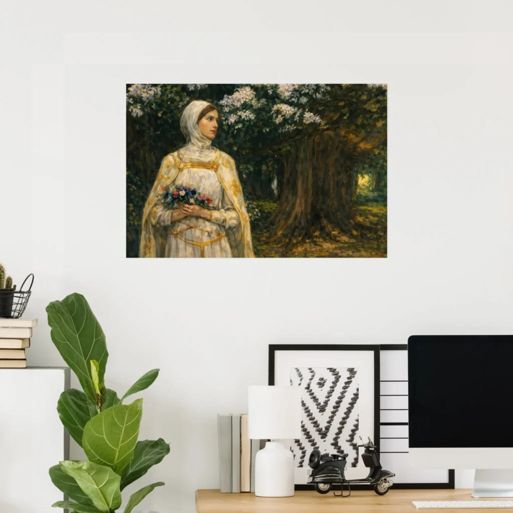 Elegant home office mockup featuring a framed poster of “Beatrice” by John William Waterhouse, showing a medieval woman in a white hooded gown holding flowers beside a large tree in a sunlit woodland scene.