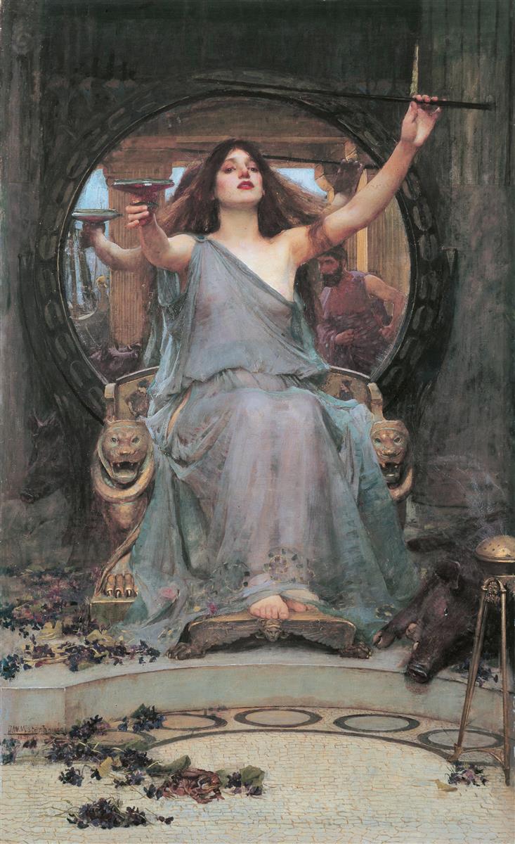 John William Waterhouse, Circe Offering the Cup to Ulysses (1891), showing Circe enthroned in pale drapery, extending a dark cup toward the viewer while raising a wand, with a large circular mirror behind her and ritual smoke and scattered flowers in the foreground.