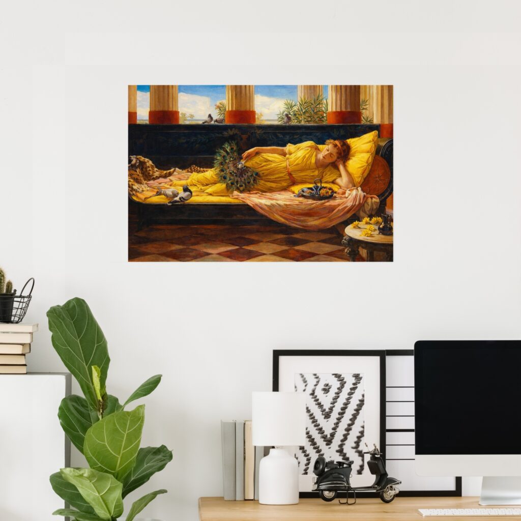 Poster of “It’s Sweet Doing Nothing” by John William Waterhouse, showing a woman reclining on a cushioned bench in a sunlit interior, dressed in yellow and holding a peacock-feather fan, with patterned floor tiles and a bright windowed background.