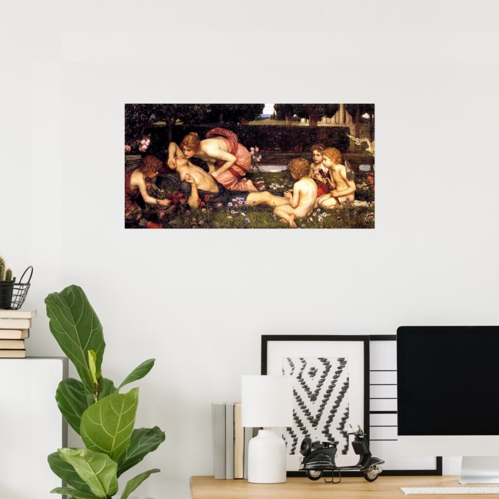 Poster of “The Awakening of Adonis” by John William Waterhouse, showing a classical myth scene in a garden with a reclining male figure surrounded by women and cupids among flowers.