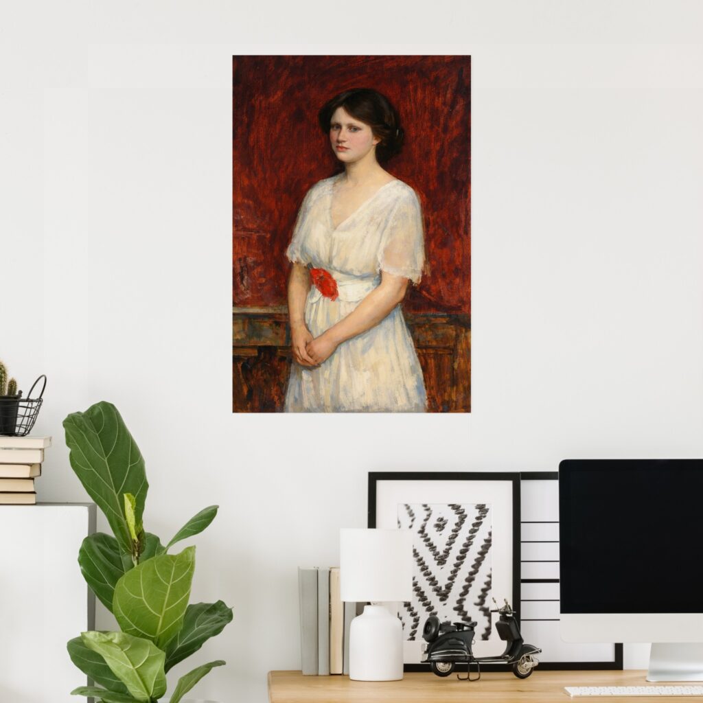 Poster print of John William Waterhouse’s “Portrait of Miss Claire Kenworthy,” featuring a young woman in a white dress with a red sash against a deep red background, displayed in a modern home office setting.