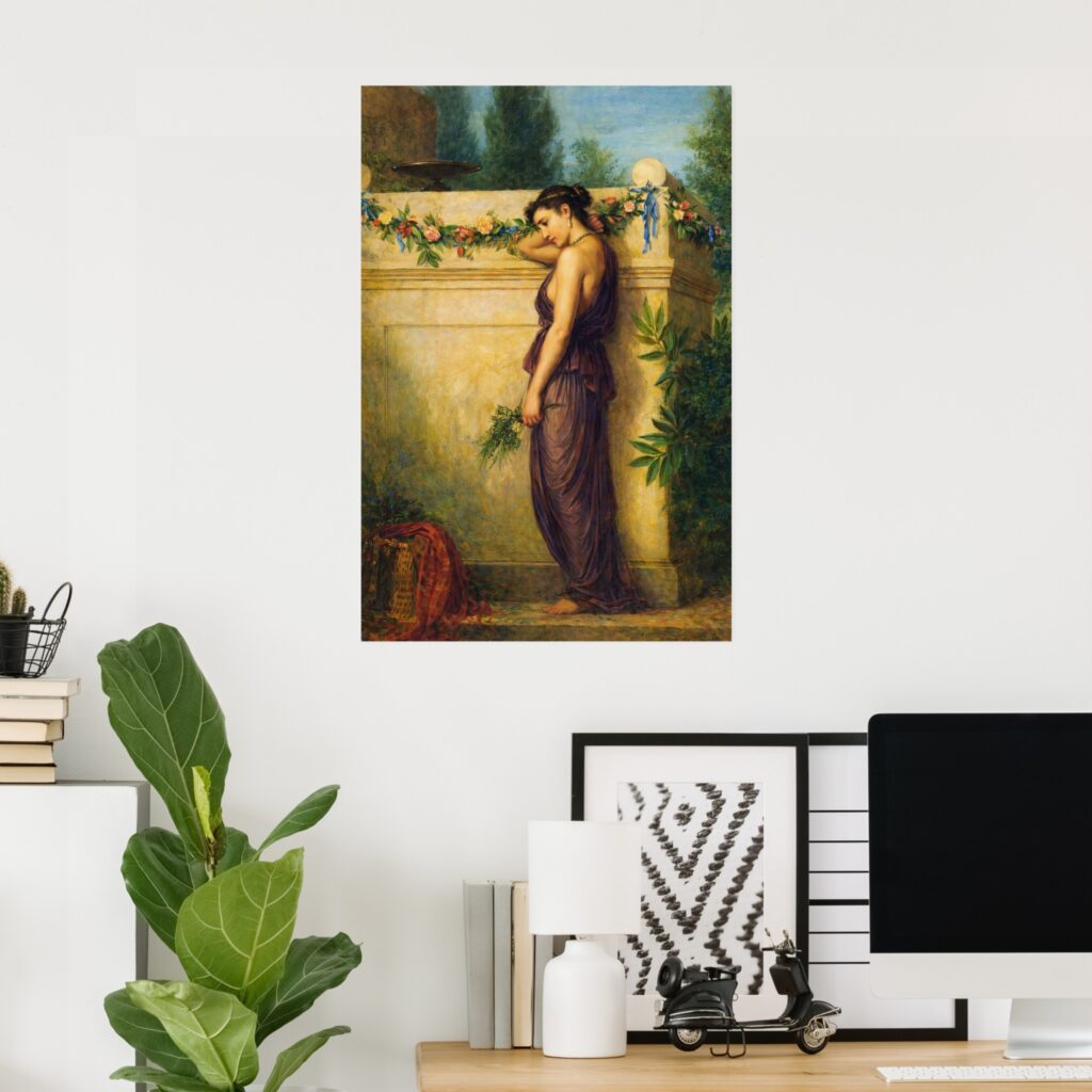 Framed poster of a John William Waterhouse painting showing a woman in a draped purple gown leaning against a pale stone terrace wall decorated with floral garlands, displayed on a white wall above a modern desk with a computer, books, and a green houseplant.