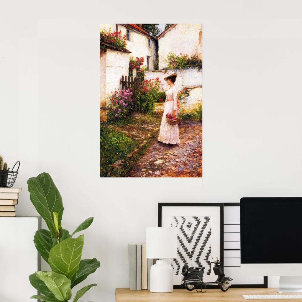 Poster reproduction of “Gathering Summer Flowers in a Devonshire Garden” by John William Waterhouse, showing a woman in a white dress holding a basket of flowers on a sunlit cobblestone path beside white cottages and blooming garden roses.