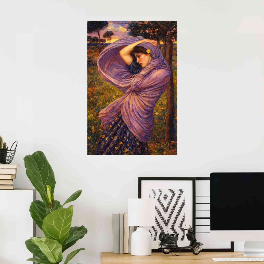 Poster of “Boreas” by John William Waterhouse, featuring a woman wrapped in flowing violet drapery in a windswept meadow at sunset, Pre-Raphaelite style wall art print.