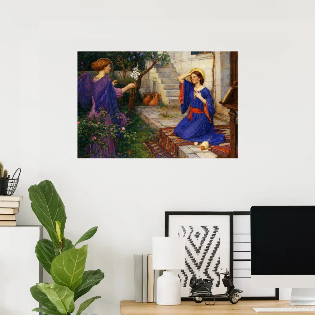 Poster of “The Annunciation” by John William Waterhouse, showing an angel in purple wings offering white lilies to a woman in a blue robe seated on stone steps in a garden courtyard.