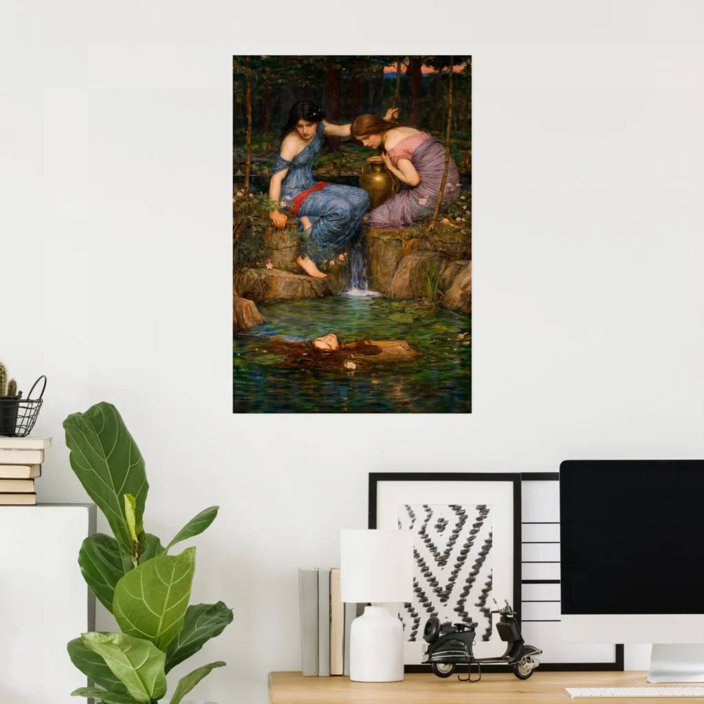 Poster print of “Nymphs Finding the Head of Orpheus” by John William Waterhouse, showing two nymphs kneeling beside a forest stream as the head of Orpheus floats in the water.