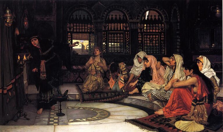 John William Waterhouse, Consulting the Oracle (1884), shows an oracle at left by glowing lamps and a seated group of women in colorful robes at right inside a dark, arched chamber with latticed windows and patterned rugs.