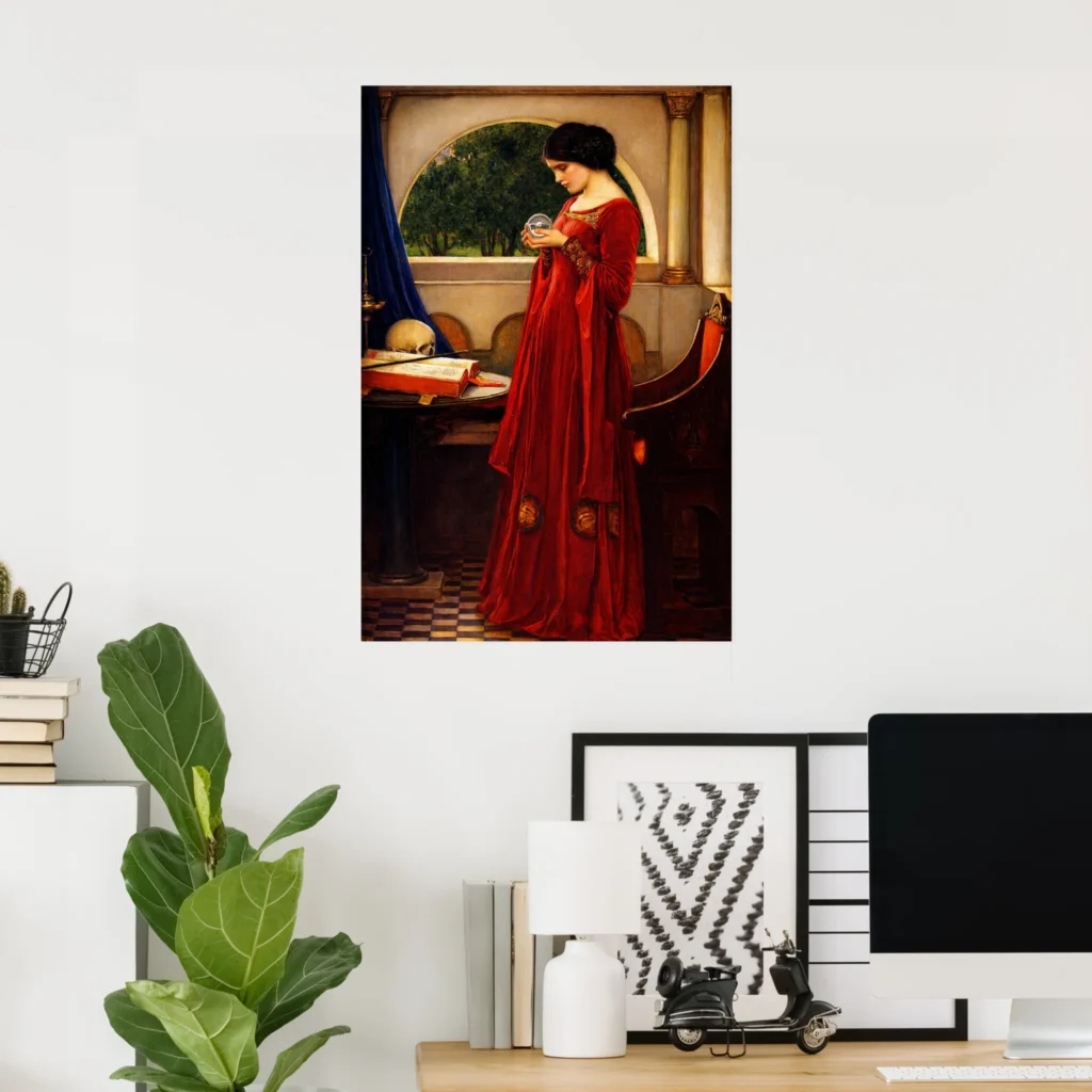 Poster of “The Crystal Ball” by John William Waterhouse, showing a woman in a flowing red dress holding a crystal ball in a medieval-style interior, displayed on a modern home office wall above a desk.