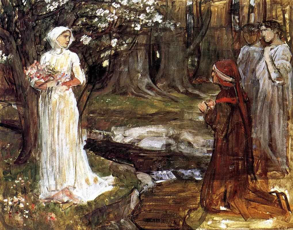 John William Waterhouse Dante and Beatrice 1914 painting showing Beatrice in a white dress holding flowers beneath blossoms while Dante kneels across a narrow stream with two robed witnesses behind him in a wooded setting.