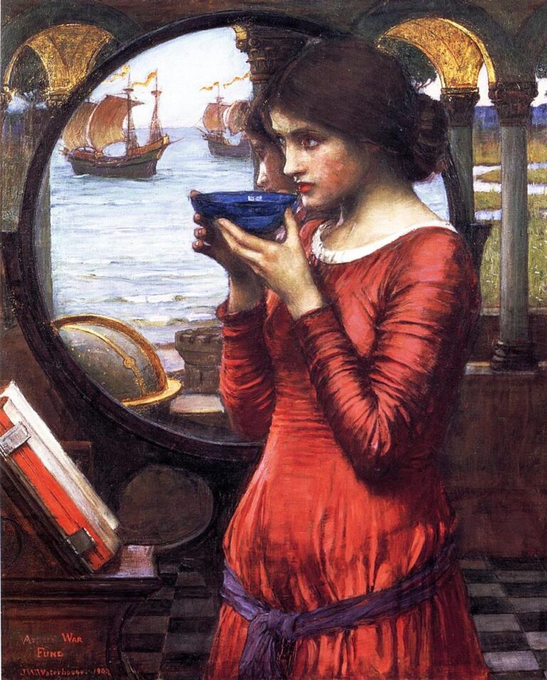 Destiny (1900) by John William Waterhouse, a young woman in a red dress holds a blue cup near her lips beside an open book, framed by a circular opening that reveals the sea and ships in the distance.
