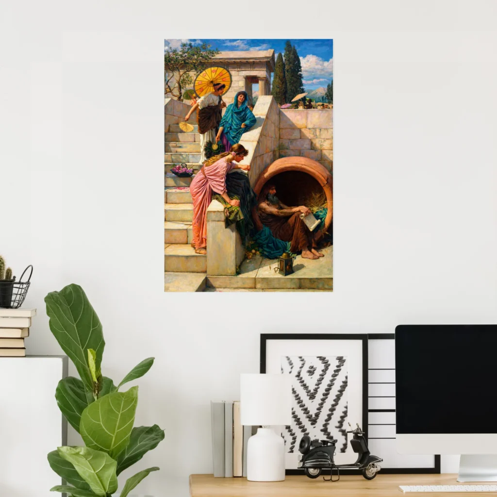 Poster print of “Diogenes” by John William Waterhouse, showing women on stone steps offering food to a seated Diogenes beside a large clay jar in a sunlit classical setting.