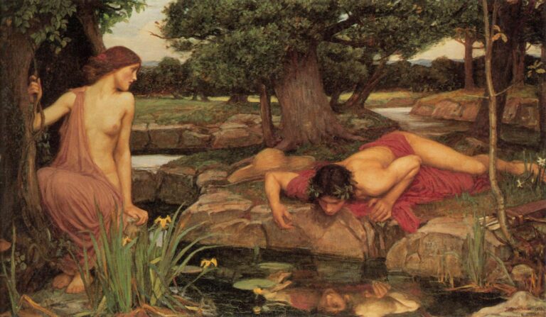 John William Waterhouse, Echo and Narcissus (1903), a woodland scene with Echo watching from the left as Narcissus lies by a pool studying his reflection, framed by trees, rocks, and water lilies.