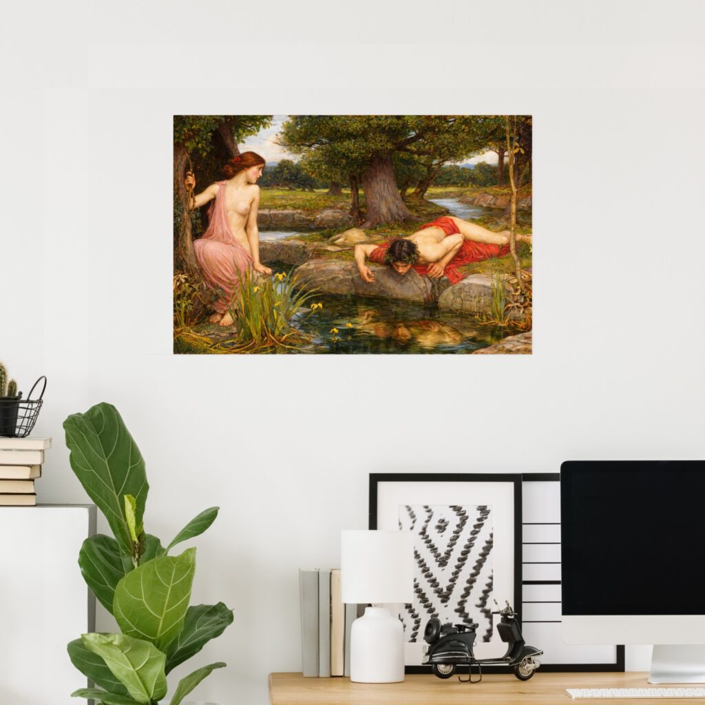 Poster of John William Waterhouse’s “Echo and Narcissus” displayed in a modern home office—framed wall art above a desk with computer, lamp, books, and green plant.