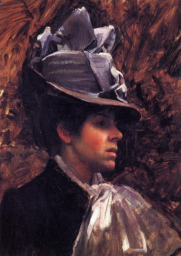 Profile portrait of a woman in a wide-brimmed hat with pale fabric trim and a light bow at her neck, set against a richly brushed warm brown background.