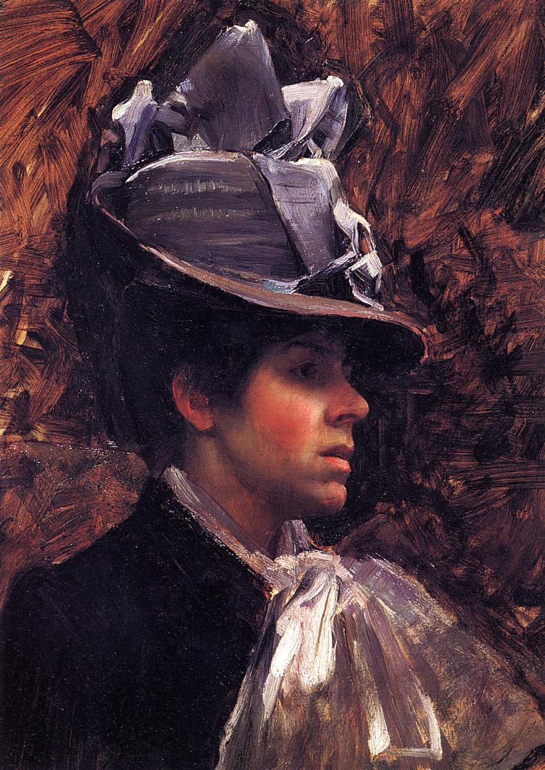 Profile portrait of a woman in a wide-brimmed hat with pale fabric trim and a light bow at her neck, set against a richly brushed warm brown background.