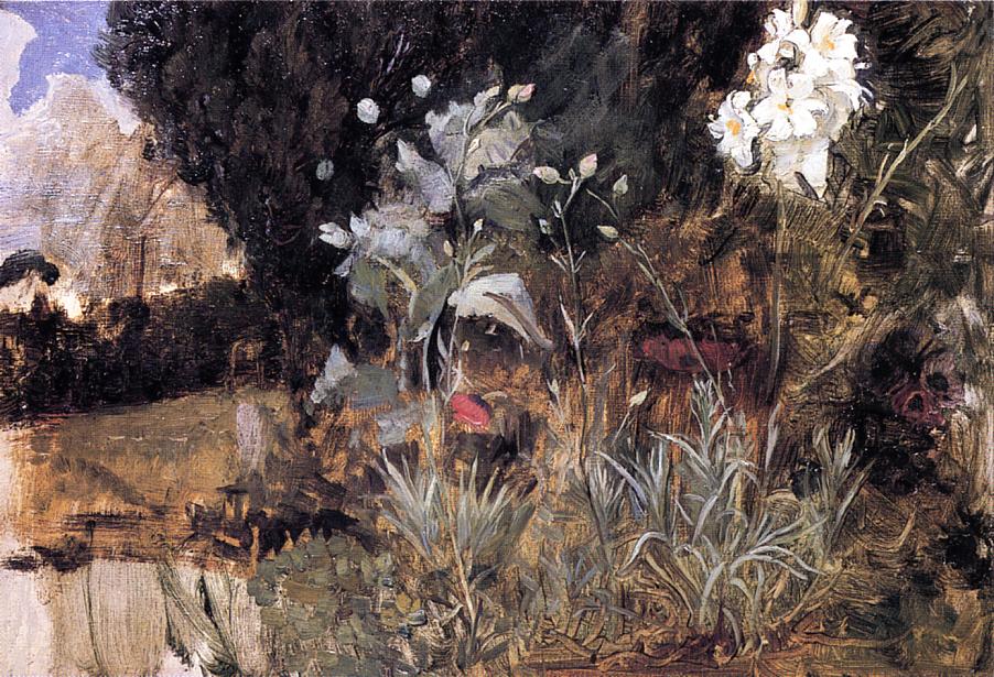 John William Waterhouse, Flower Sketch for The Enchanted Garden (1916), a moody garden study with dark foliage, pale sky at left, white blossoms at upper right, and scattered red flowers amid loose, textured brushwork.