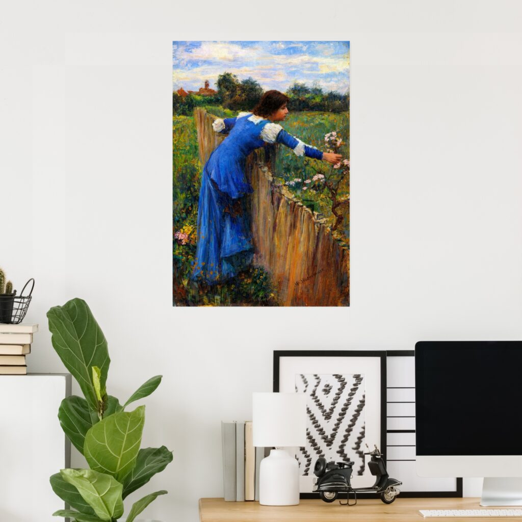 Poster of “The Flower Picker” by John William Waterhouse, showing a woman in a blue dress leaning over a wooden fence to pick flowers in a sunlit countryside meadow.