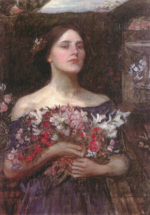 John William Waterhouse, Gather Ye Rosebuds (1908), painting of a young dark haired woman in an off the shoulder dress holding a large bouquet of pink, red, and white flowers, set against a dark, atmospheric background.
