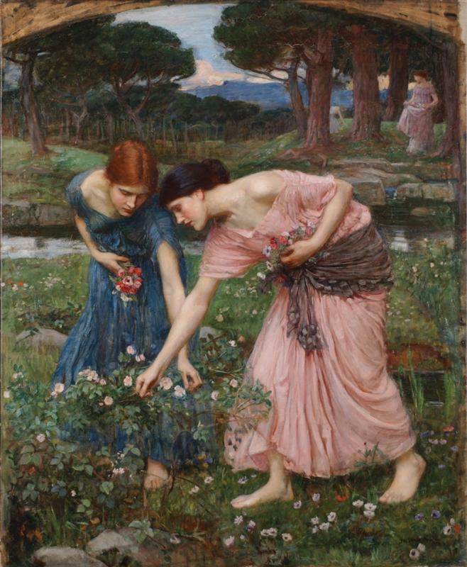 John William Waterhouse, Gather Ye Rosebuds While Ye May (1909), two barefoot young women in blue and pink dresses lean over a rosebush beside a garden pool, with tall trees and a distant figure in a muted landscape.