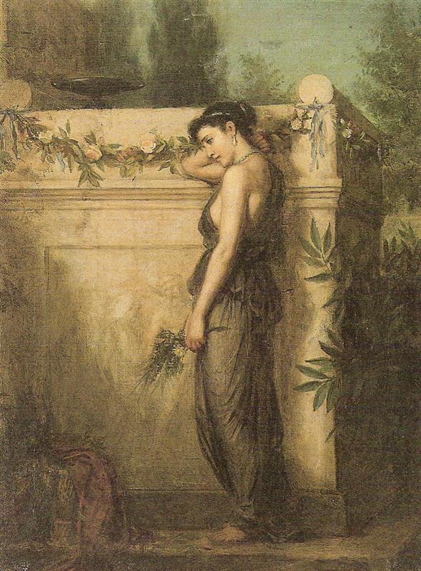 A young woman in dark draped clothing leans her head on her arm against a pale stone parapet decorated with flowers and ribbons, holding a small bouquet of greenery in a muted, atmospheric garden setting.