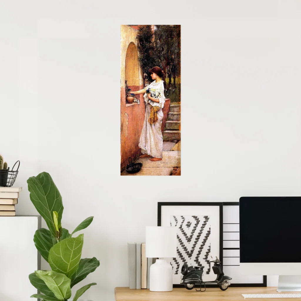 Poster of the painting “A Roman Offering” by John William Waterhouse, shown hanging on a light gray wall in a modern home office with a desk, computer, framed prints, books, a small scooter model, and a leafy plant.