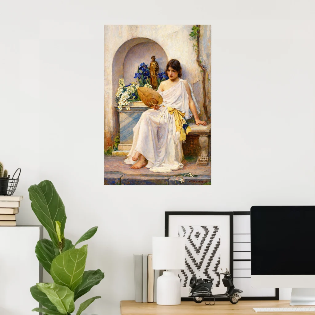 Poster print of “Flora” by John William Waterhouse, showing a seated young woman in a flowing white draped gown holding a round fan, framed by an arched niche with flowers and soft classical stonework behind her.