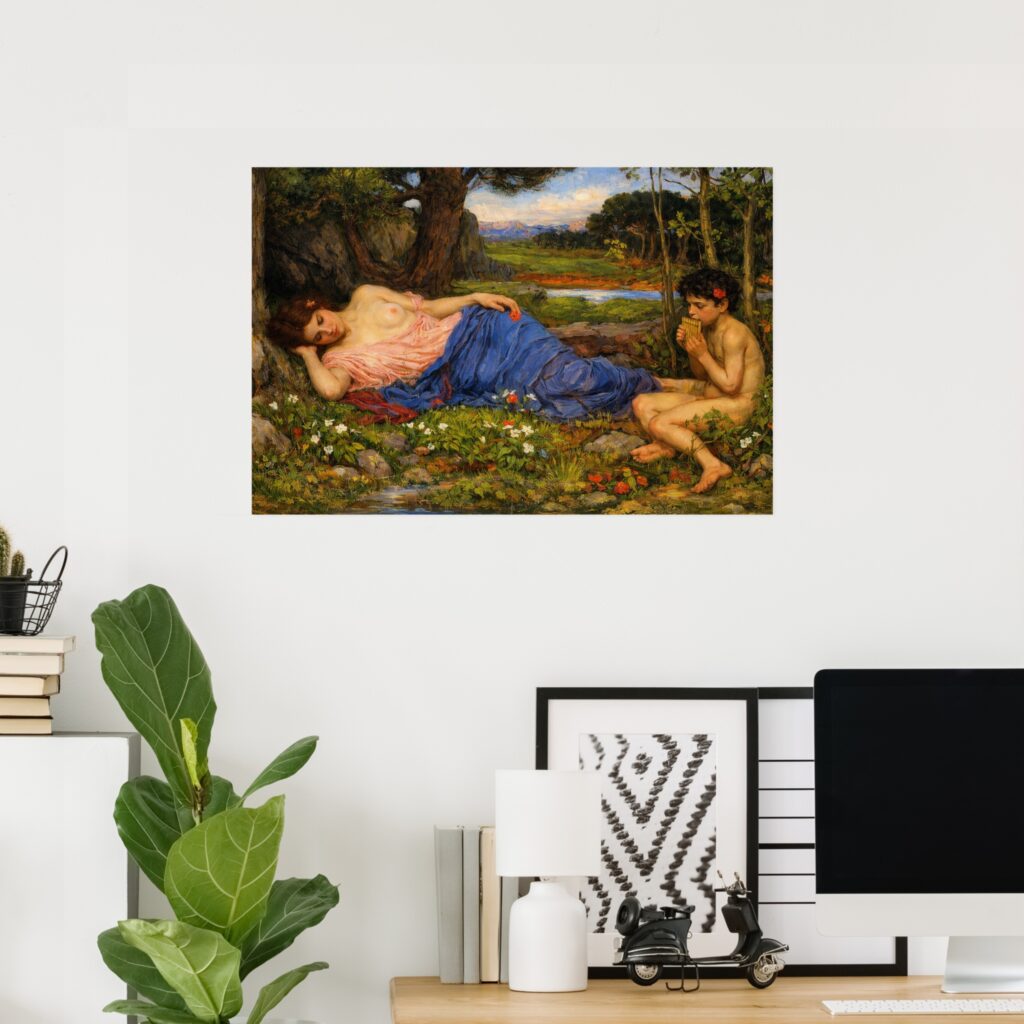 Poster print of Listen to my Sweet Pipings by John William Waterhouse, showing a reclining nude woman in a lush riverside landscape while a young satyr plays panpipes nearby.