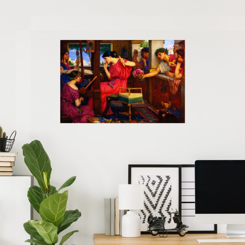 Poster of “Penelope and the Suitors” by John William Waterhouse on a white wall in a modern home office, above a desk with a computer, framed art, books, and a green plant.