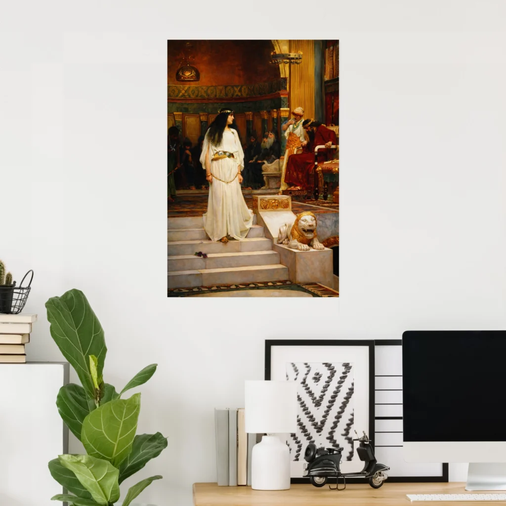 Poster of “Marianne Leaving the Judgement Seat of Herod” by John William Waterhouse displayed on a white wall above a modern home office desk with a plant, books, lamp, framed print, and computer monitor.
