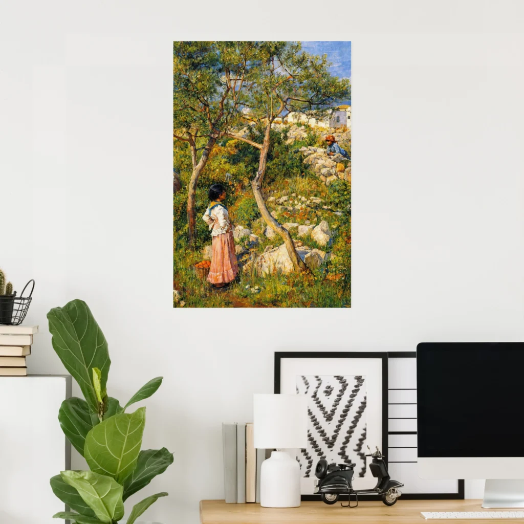Poster mockup of “Two Little Italian Girls by a Village” by John William Waterhouse, showing two girls in a sunlit Mediterranean hillside landscape with trees, rocks, and white village buildings, displayed on a wall above a desk with a plant and computer.