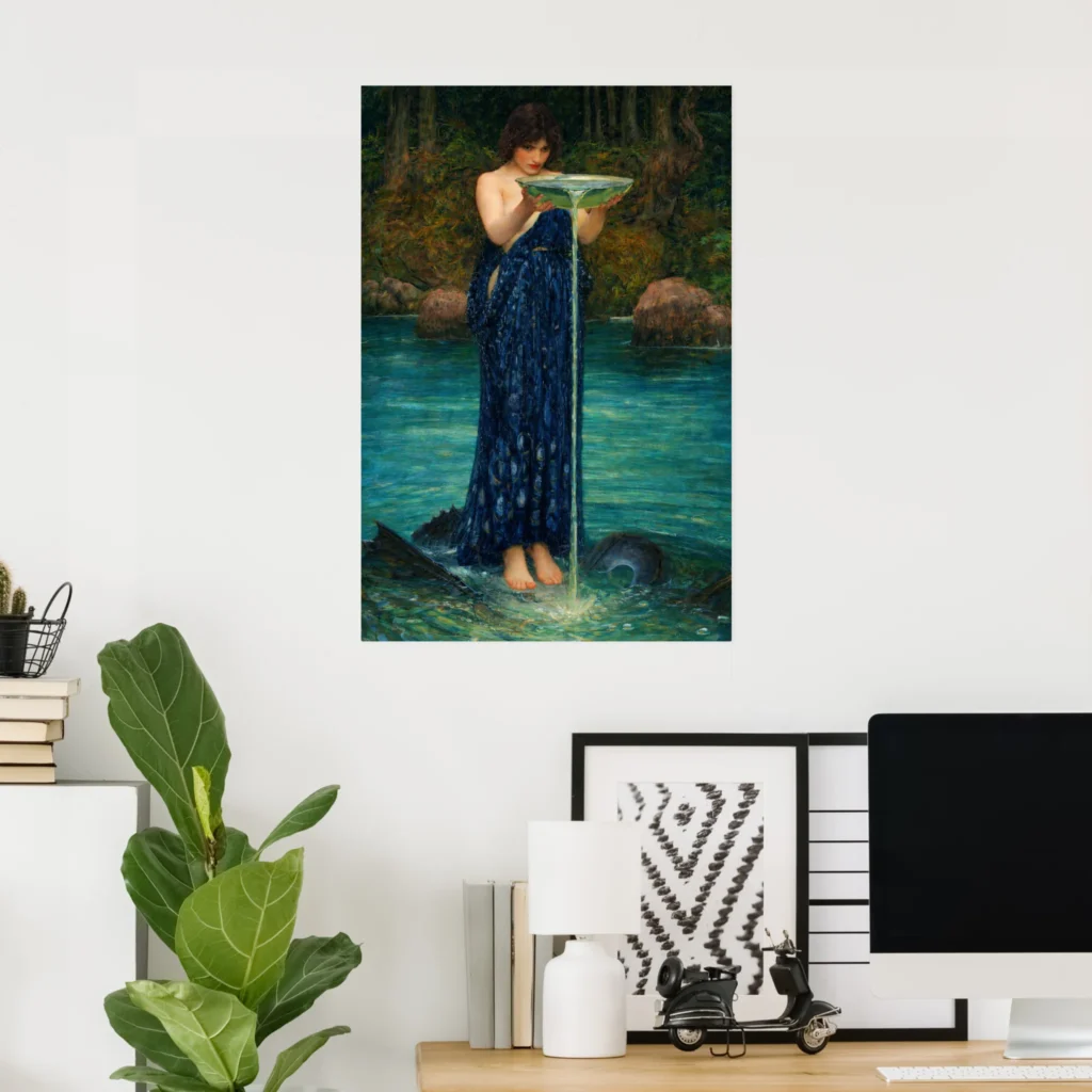 Poster of Circe Invidiosa by John William Waterhouse, showing Circe in a dark blue dress pouring a stream of green liquid into a river in a forest.