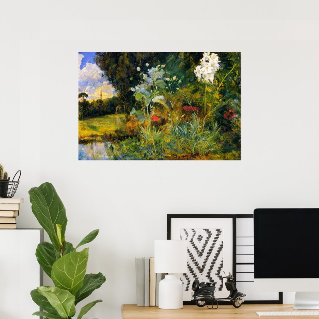 Poster of John William Waterhouse’s “Flower Sketch for The Enchanted Garden,” showing an impressionistic garden scene with white blossoms, red poppies, lush green foliage, and a reflective pond landscape.