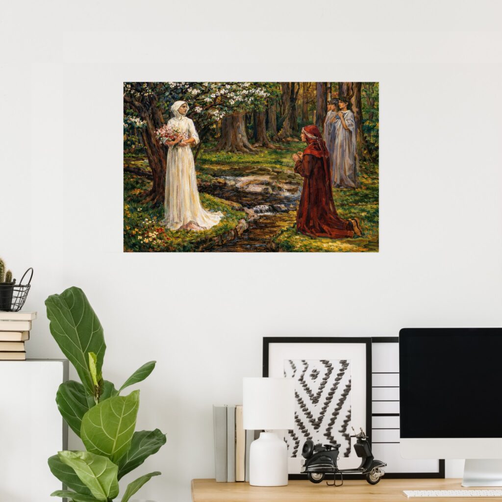 Poster of Dante and Beatrice by John William Waterhouse, Pre-Raphaelite painting showing Dante kneeling by a woodland stream as Beatrice stands in a white dress beneath blooming trees.